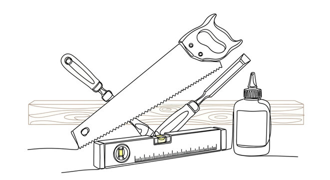 Assortment of woodworking hand tools with wood and glue