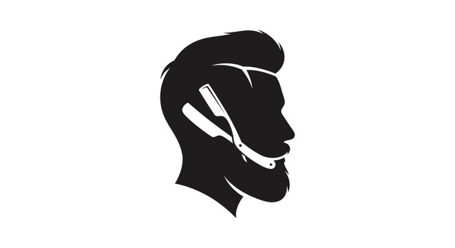 Barber man silhouette with beard and straight razor logo design