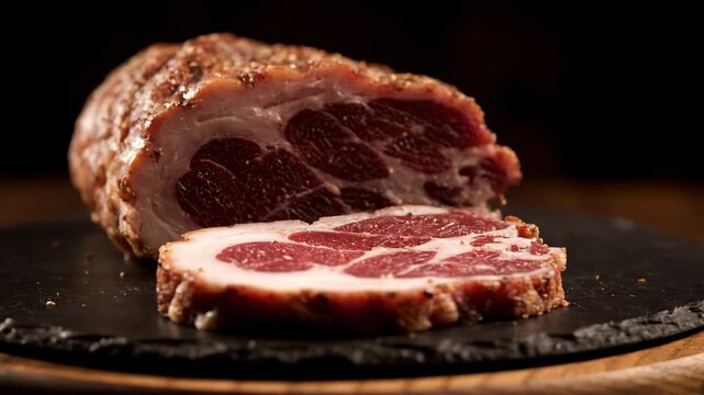 Close-up of gourmet smoked and seasoned pork shoulder (coppa or capicola) loaf, sliced and resting on a black slate cutting board with dramatic low-key lighting.