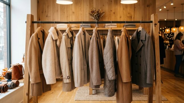 Stylish neutral winter coats hanging neatly on a wooden rack in a cozy boutique, showcasing minimalist fashion in warm earthy tones and soft textures

