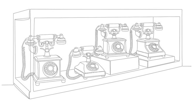 Vintage Rotary Telephones Collection Displayed in a Showcase