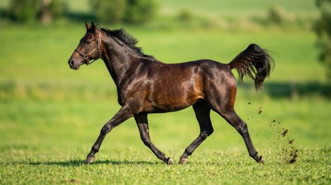 Elegant dark brown horse trotting powerfully across a sunlit green pasture, muscles flexing with each graceful stride in the open countryside

