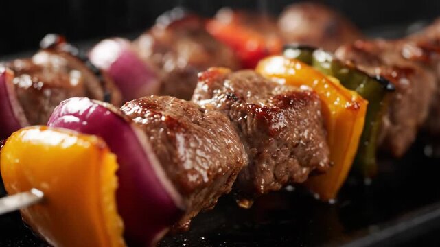 Juicy beef shish kebab with colorful bell peppers and red onion grilling on a hot plate, close-up macro view of sizzling bbq meat skewers