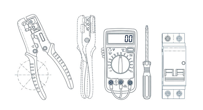 Line art of electrician tools with multimeter and wire strippers
