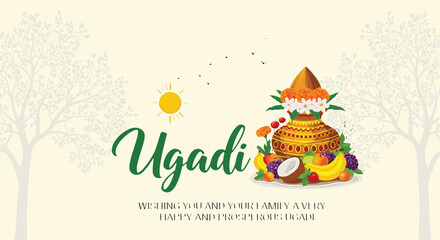 Ugadi festival greeting card with kalash fruits coconut traditional Indian new year celebration vector illustration festive cultural background design © Mamun
