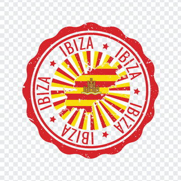 Ibiza island tourism label featuring red scalloped edge with national flag map and sunburst pattern