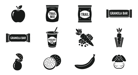 Healthy food icons, fruit and snack symbols, granola bar, trail mix, black vector illustrations, 12 elements © Bismillah.com