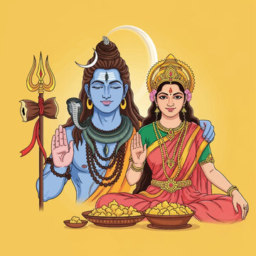 Vector illustration of Lord Shiva and Goddess Parvati seated against a yellow background, featuring Shiva with a trishula, crescent moon and snake, alongside Parvati in a red saree.