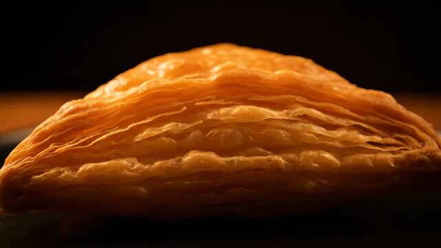 Golden flaky puff pastry turnover on dark plate, macro food photography with dramatic low-key lighting
