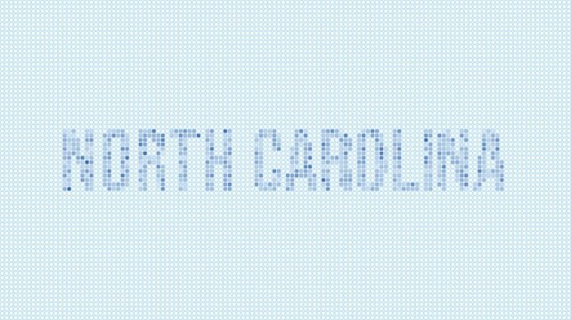 North Carolina, United States dotted map animation. Digital style shape of the state. North Carolina, United States shape and title dots appear with bulb flickering effect.