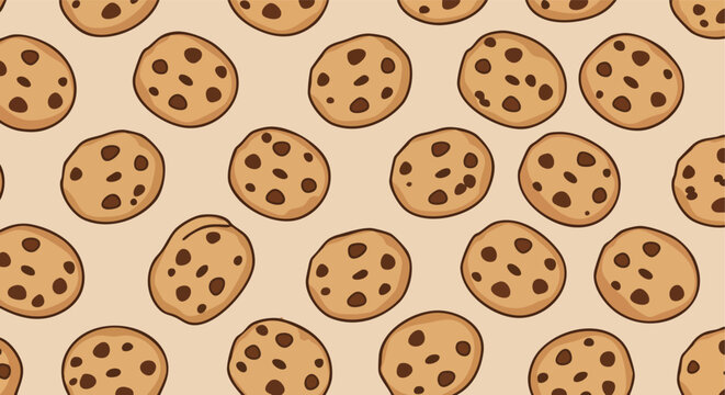Scattered chocolate chip cookies on a light brown seamless background for sweet confectionery themed designs and digital content creation