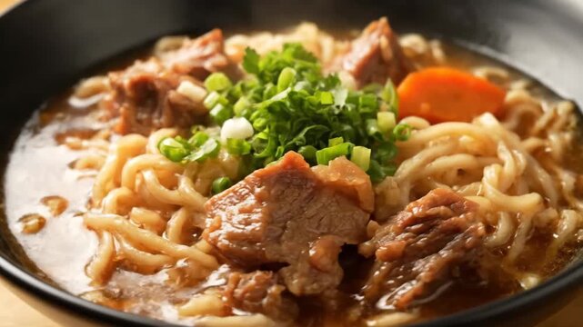 Close-up of traditional taiwanese braised beef noodle soup (niu rou mian) served in a black bowl, topped with chopped green onions and cilantro, featuring tender beef chunks and rich savory broth.