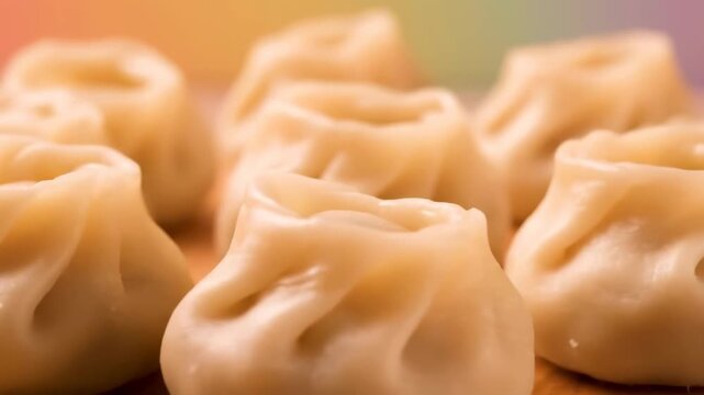 Macro close-up of freshly steamed manti dumplings. traditional central asian, turkish, or mongolian cuisine dish served hot on a blurred background.