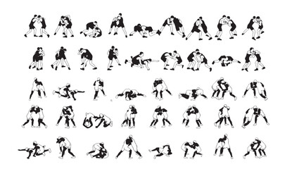 Naklejka premium A black and white illustration of various yoga poses in different sequences and arrangements.