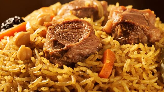 Extreme close-up of traditional uzbek plov (pilaf) featuring seasoned golden rice, tender meat chunks (lamb or beef), sliced carrots, and chickpeas. hearty central asian cuisine.