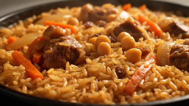 Appetizing central asian plov (pilaf) served hot, featuring flavorful rice, tender meat, carrots, chickpeas, and raisins in a close-up, high-angle shot.