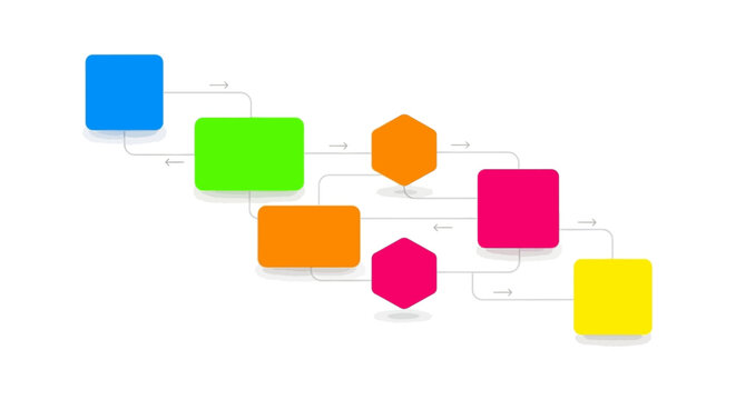 Abstract flowchart with colorful geometric shapes connected by thin gray arrows, presenting a visual roadmap or process, concept emphasizing workflow, planning, and stages on a clean white b