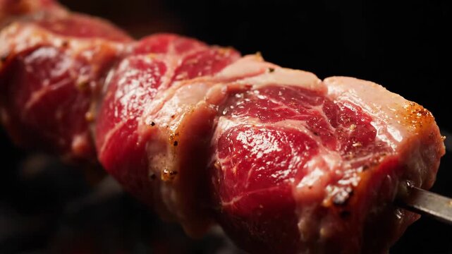 Close-up of raw premium red meat chunks on a metal skewer glistening, ready for grilling, barbecue, or shish kebab preparation against a dark background.