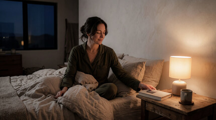 Fototapeta premium Woman practicing sleep hygiene with circadian lighting and reading in cozy bedroom