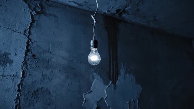 Dim blue basement with cracked concrete walls, single hanging bulb radiating pale light. blue gloom