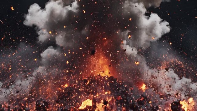 Fiery explosion erupts as billowing smoke and orange embers sweep over a smoky battlefield under rain