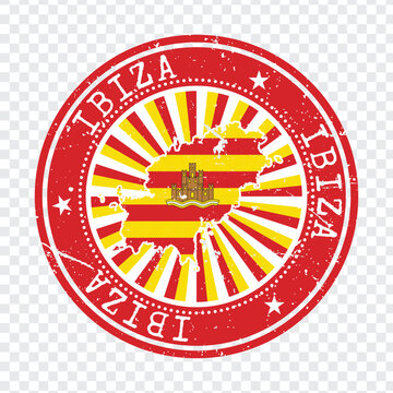 Ibiza island travel postage stamp featuring red circular border with regional flag map and stars
