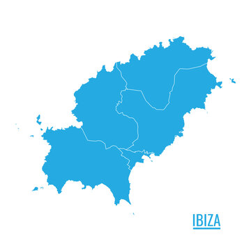 Ibiza island map featuring bright blue solid silhouette with internal white administrative border lines included