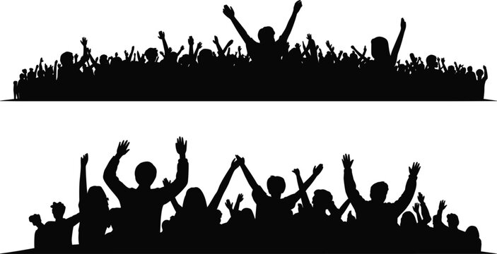 Crowd silhouettes banners set, cheering people celebration audience concert event illustration design