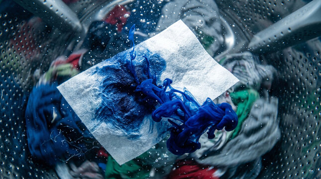 Laundry color catcher sheet absorbing blue dye in washing machine