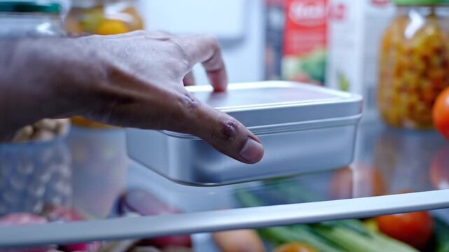 Hand Opening Metal Lunchbox in Refrigerator Fresh Food Storage Concept