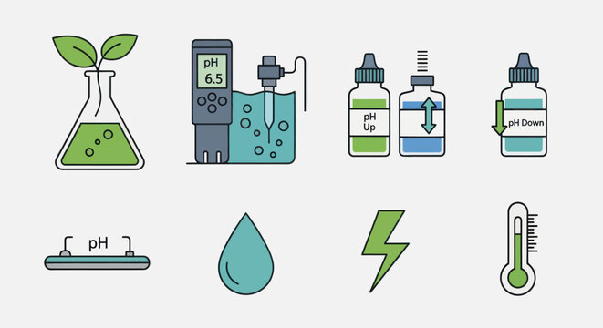 Set of Icons: pH Meter, Dropper Bottles, Plant, Thermometer, Water Drop