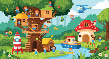 Naklejka premium Whimsical forest treehouse scene with children playing, rocket, mushroom house, river, boat, helicopter, lush greenery, butterflies, joyful outdoor adventure atmosphere