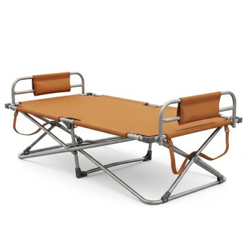 Portable folding camping cot with tan fabric and sturdy grey metal frame for outdoor use.