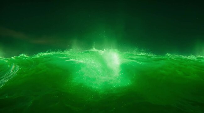 Underwater footage of a green ocean wave crashing at night