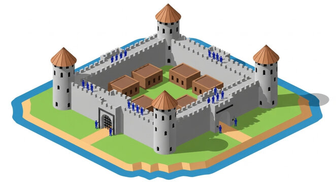 Isometric Medieval Castle Fortress with Towers and Courtyard.