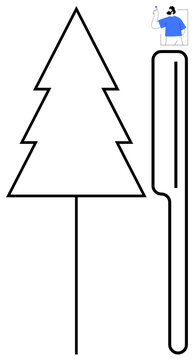 Modern art, minimalism, geometry, design simplicity, abstract shapes, conceptual art. A geometric pine tree alongside a vertical rectangle. Modern art and minimalism concepts