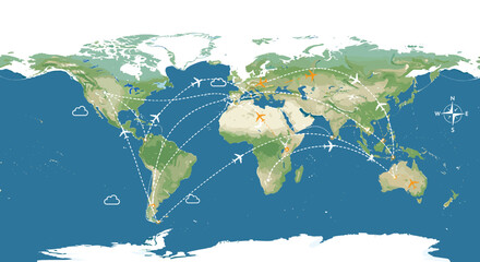 A world map illustrating global flight routes and air travel connections between continents, featuring airplanes and destination markers. © cemoro