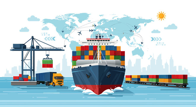 Global logistics and supply chain management illustrated with a cargo ship, train, truck, and crane at a port with a world map background.