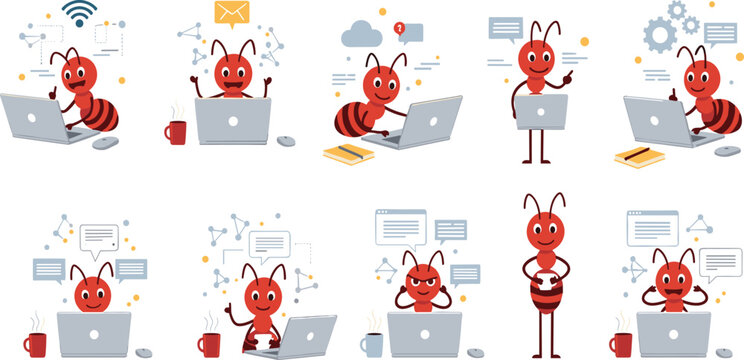 Cute Ant Working on Laptop Collection with Cartoon Insect Characters Using Technology Communication and Office Elements for Business Productivity Illustration Set
