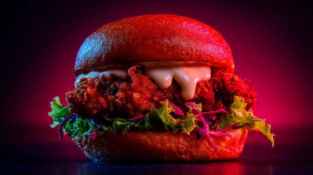 Close-up Of Crispy Fried Chicken Sandwich With Fresh Greens, Creamy Sauce, And Vibrant Background Highlighting Garnish And Texture Details