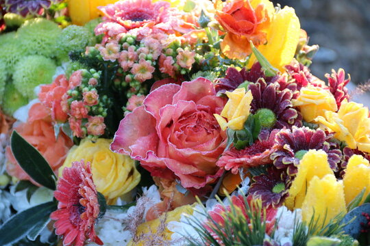 Bunte Blumen nach Beerdigung auf dem Friedhof, Frost