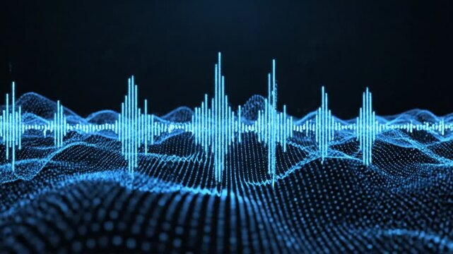 Futuristic blue waveform with glowing lines on a dark background representing data visualization and sound waves in technology
