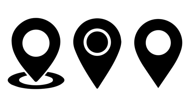 Three black map pin icons for location, navigation, and place on a white background.