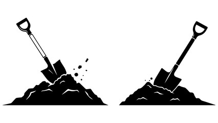 Construction shovel tools stuck in earth mounds black and white vector silhouette graphics. © MehediHasan