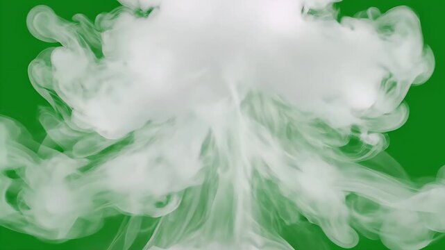 White Smoke on Green Screen - This video shows white smoke rising and swirling against a bright green background. The smoke creates a large, amorphous shape that fills the frame.