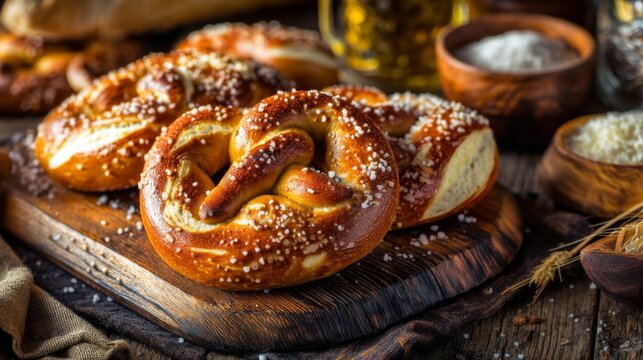 Freshly Baked Soft Pretzels with Sea Salt on Wooden Board Surrounded by Baking Ingredients and Rustic Decor