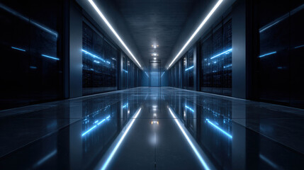 Fototapeta premium A long futuristic corridor with bright neon lights illuminating the pathway