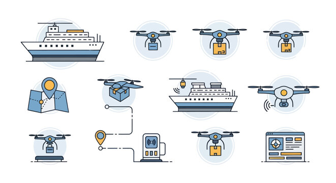 Drone and Ship Delivery Icons: Logistics, Shipping, and E-commerce Icons