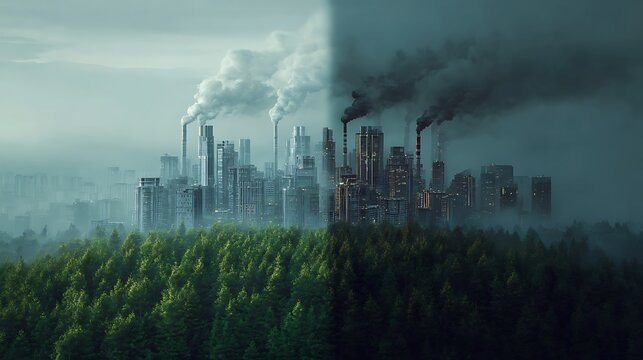 A cityscape transforms into a polluted industrial landscape beside a lush green forest.