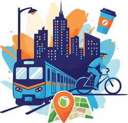 Naklejka premium Modern City Infrastructure for Sustainable Urban Lifestyle with Public Transport, Cycling, and Navigation Map Illustration